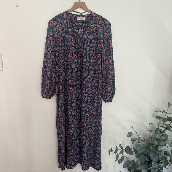 NATURAL LIFE Dresses & Skirts - Natural Life Womens Midi Dress Large Floral Boho Tirered Long Sleeve Modest Blue